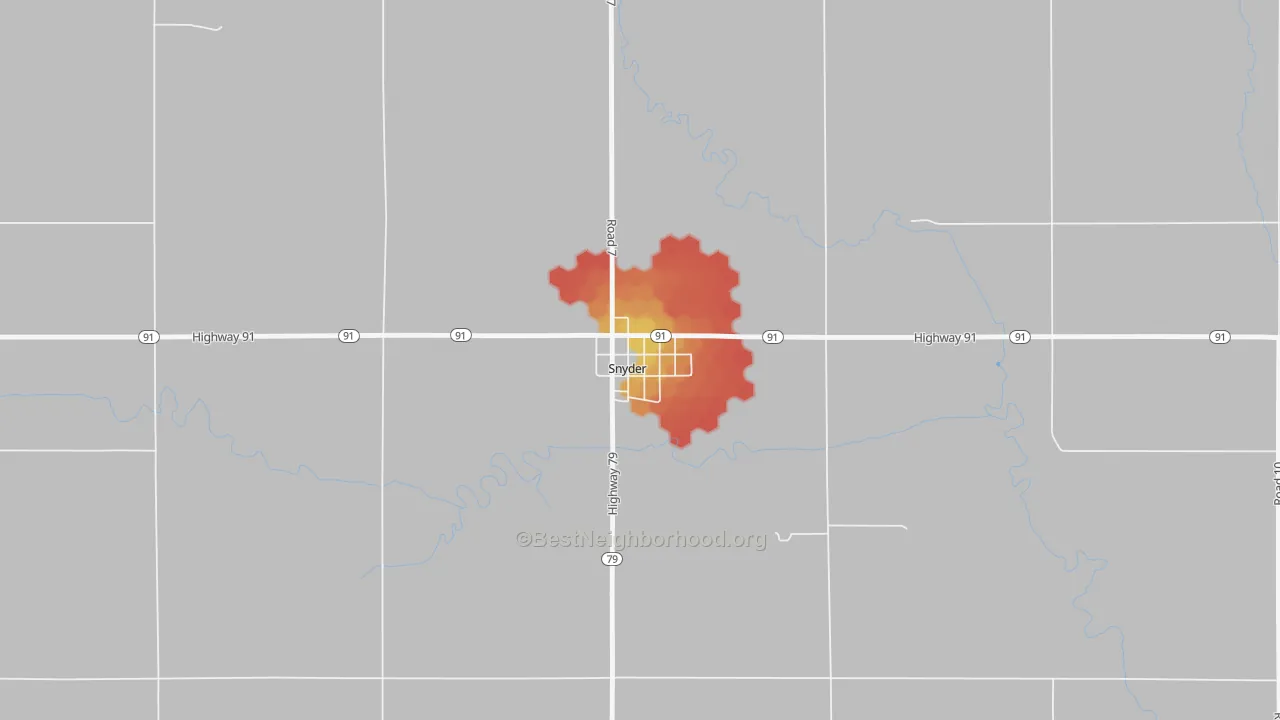 Walk Grade map of 68664, NE, walkable areas in green and car-dependent areas in red