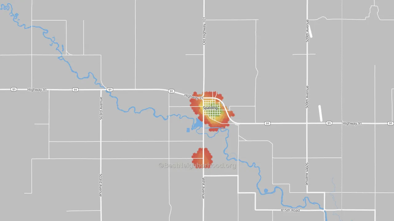 Walk Grade map of 68665, NE, walkable areas in green and car-dependent areas in red