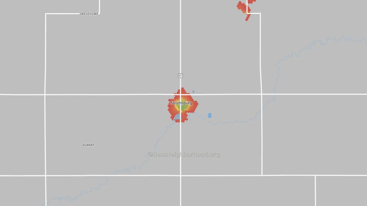 Walk Grade map of 68666, NE, walkable areas in green and car-dependent areas in red