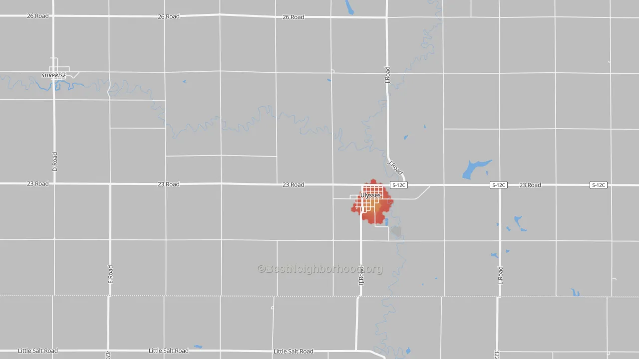 Walk Grade map of 68669, NE, walkable areas in green and car-dependent areas in red