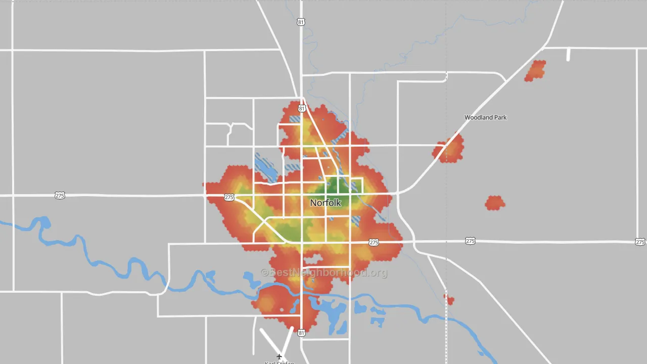 Walk Grade map of 68701, NE, walkable areas in green and car-dependent areas in red