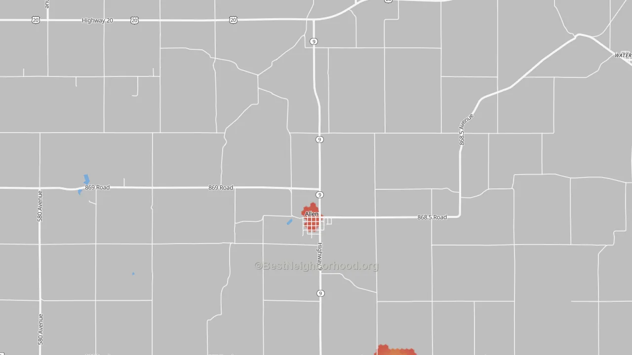 Walk Grade map of 68710, NE, walkable areas in green and car-dependent areas in red