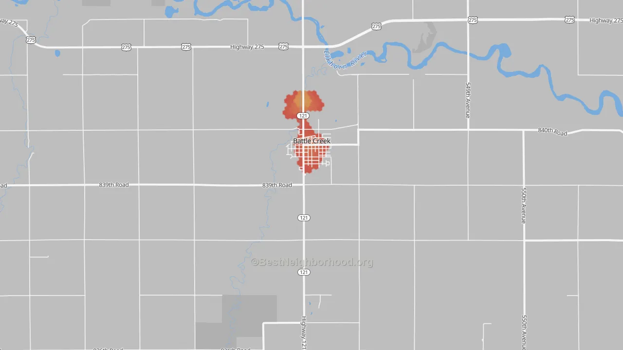 Walk Grade map of 68715, NE, walkable areas in green and car-dependent areas in red