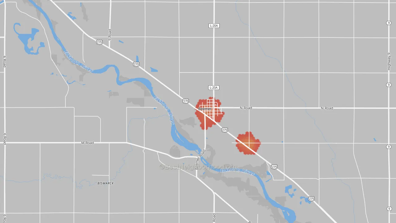 Walk Grade map of 68716, NE, walkable areas in green and car-dependent areas in red