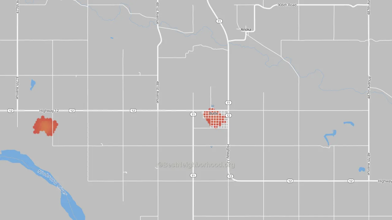 Walk Grade map of 68722, NE, walkable areas in green and car-dependent areas in red