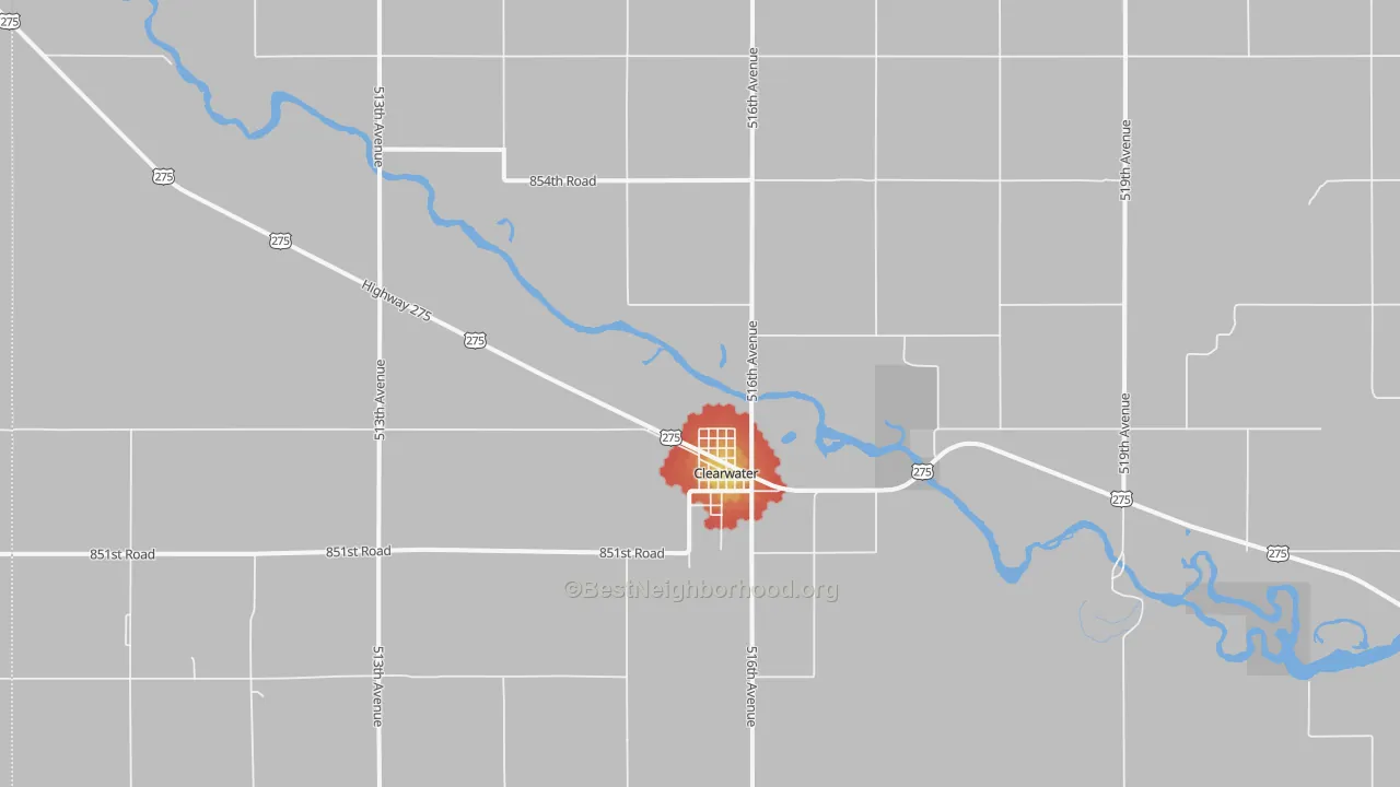 Walk Grade map of 68726, NE, walkable areas in green and car-dependent areas in red