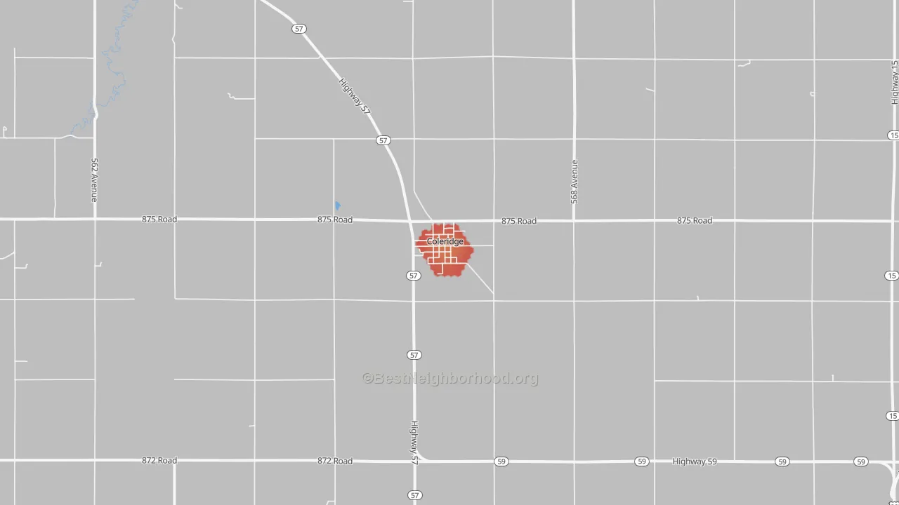Walk Grade map of 68727, NE, walkable areas in green and car-dependent areas in red