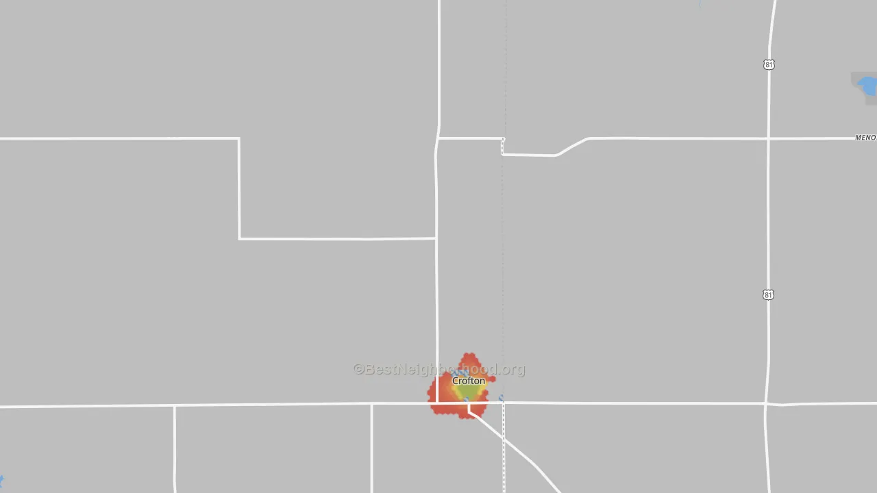 Walk Grade map of 68730, NE, walkable areas in green and car-dependent areas in red