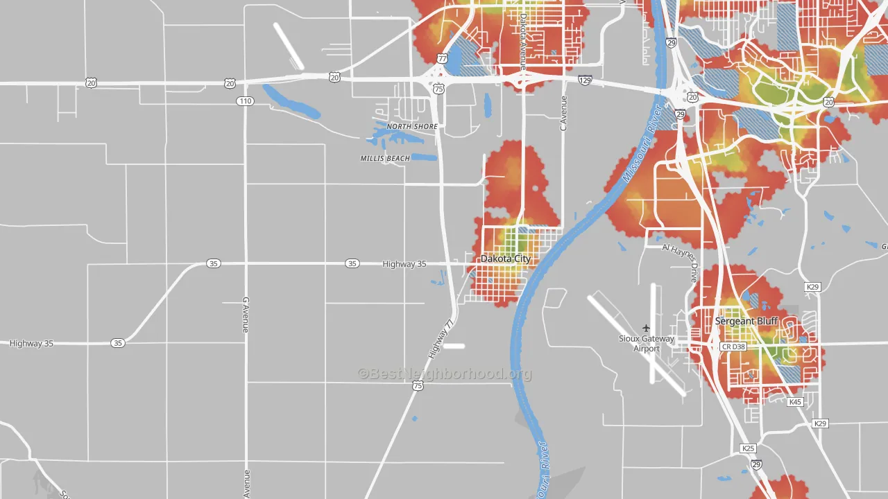 Walk Grade map of 68731, NE, walkable areas in green and car-dependent areas in red