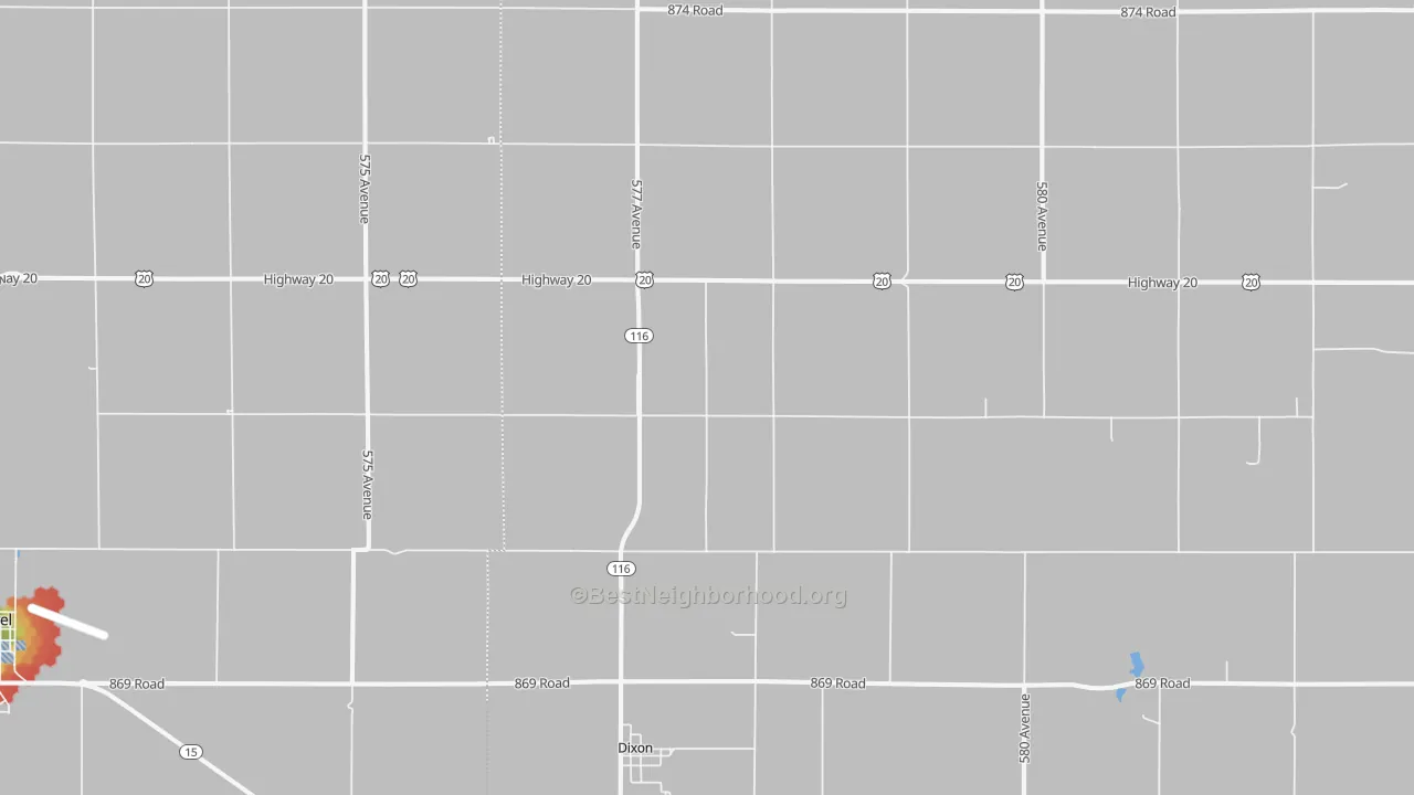 Walk Grade map of 68732, NE, walkable areas in green and car-dependent areas in red
