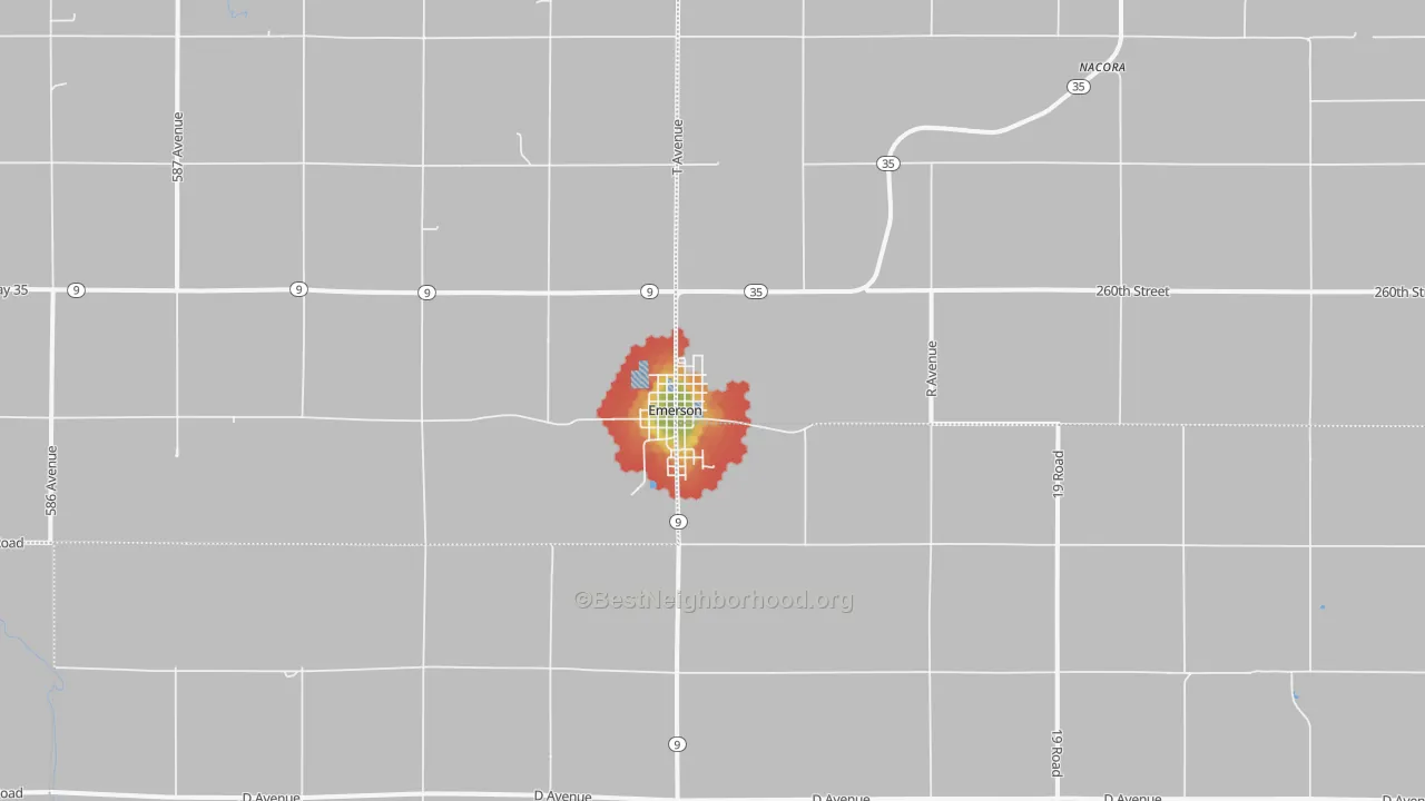 Walk Grade map of 68733, NE, walkable areas in green and car-dependent areas in red