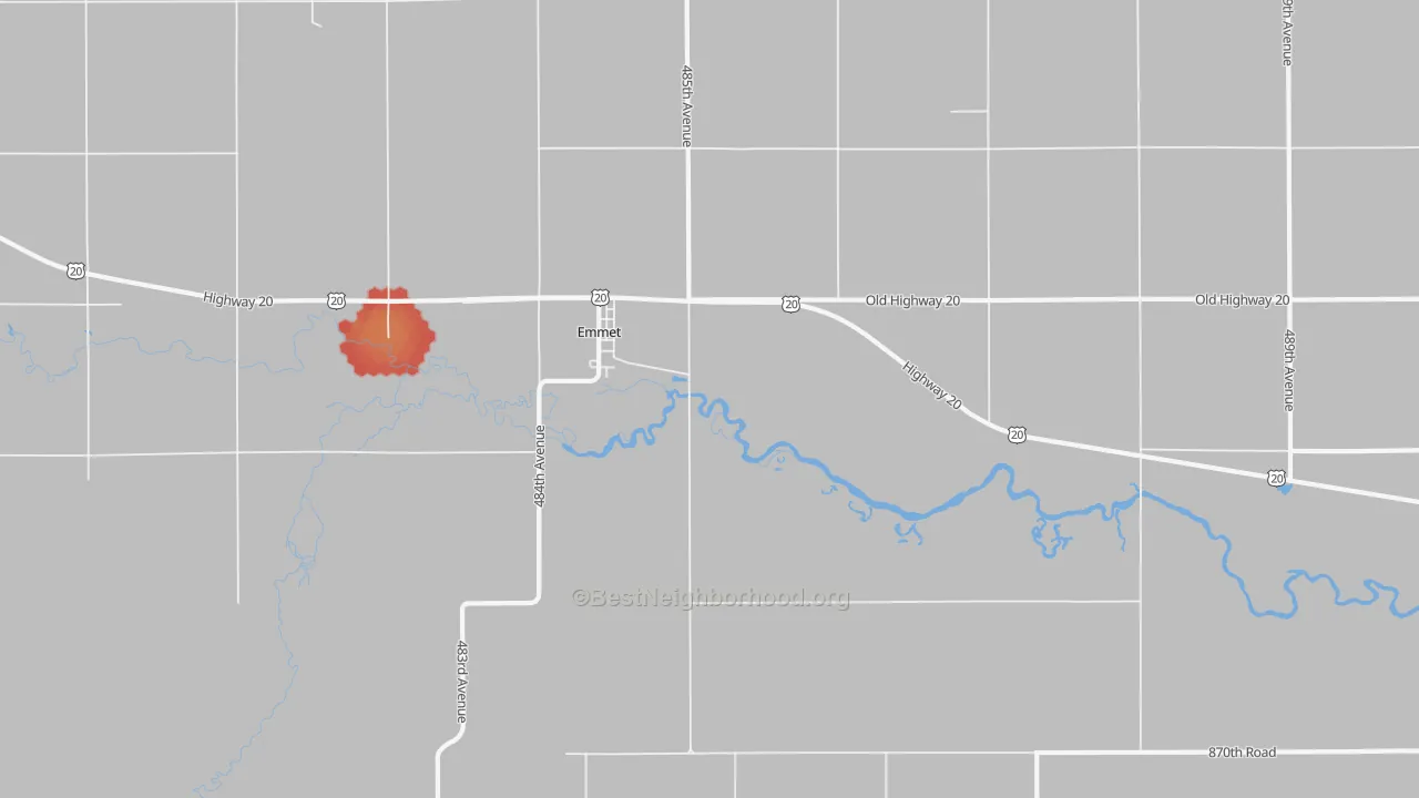 Walk Grade map of 68734, NE, walkable areas in green and car-dependent areas in red