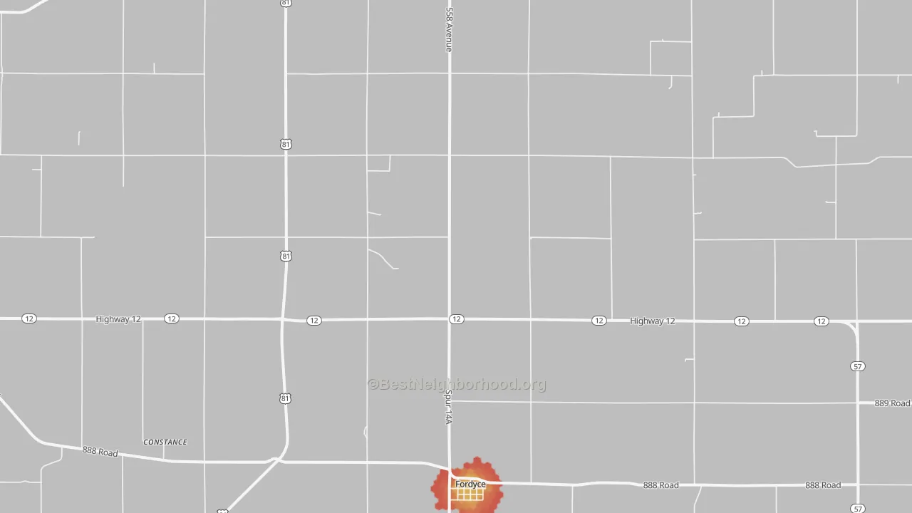 Walk Grade map of 68736, NE, walkable areas in green and car-dependent areas in red