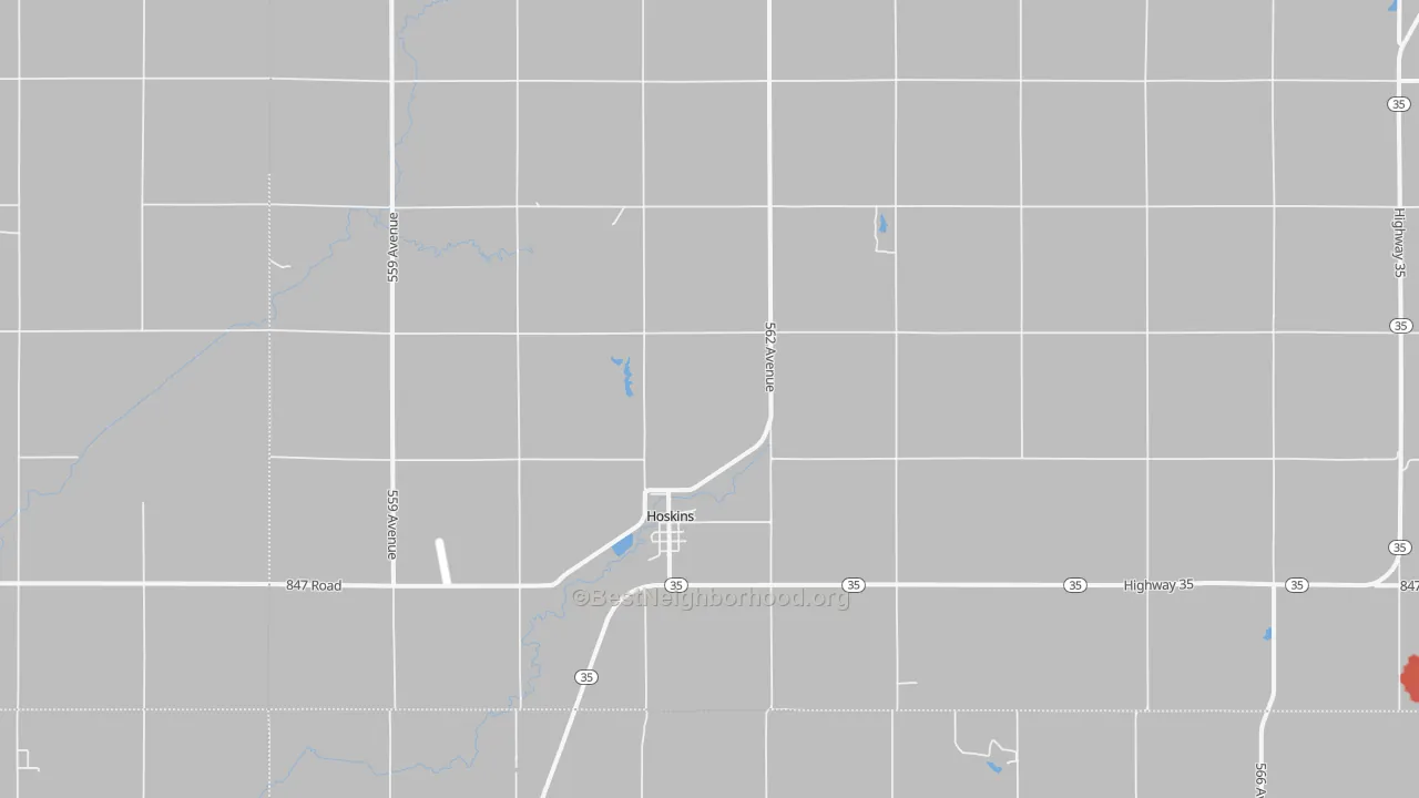 Walk Grade map of 68740, NE, walkable areas in green and car-dependent areas in red