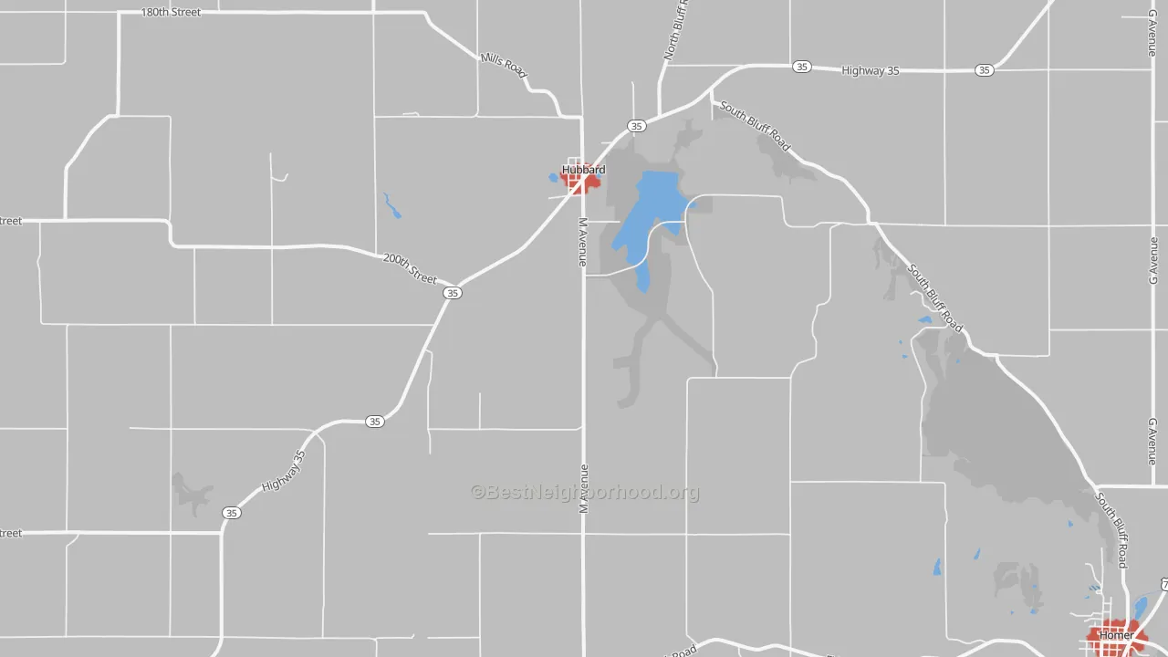 Walk Grade map of 68741, NE, walkable areas in green and car-dependent areas in red
