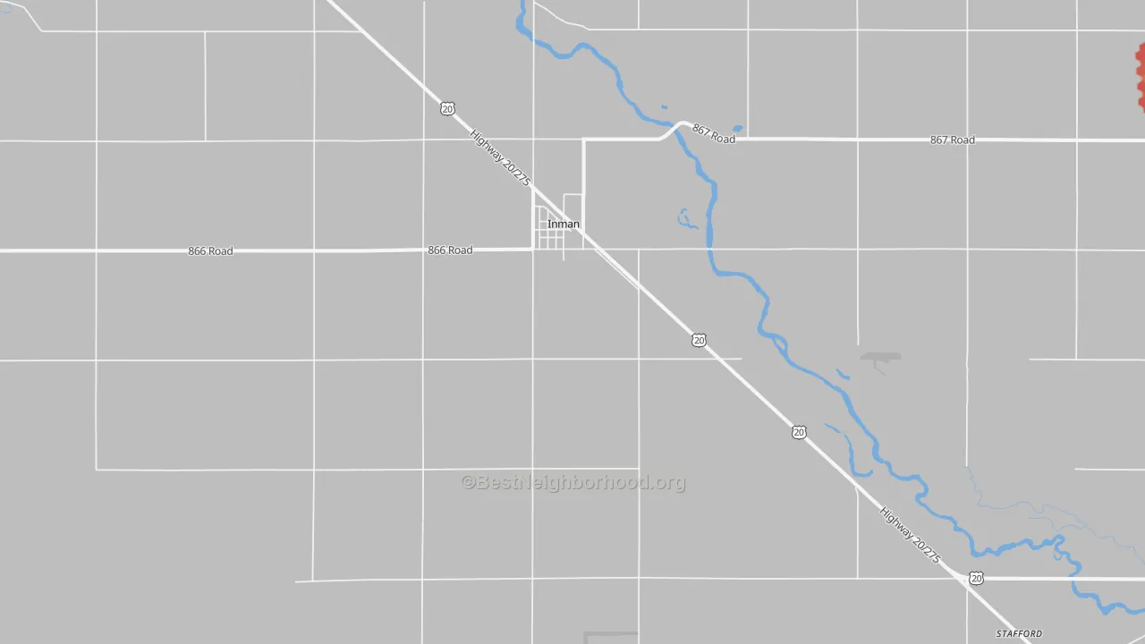 Walk Grade map of 68742, NE, walkable areas in green and car-dependent areas in red