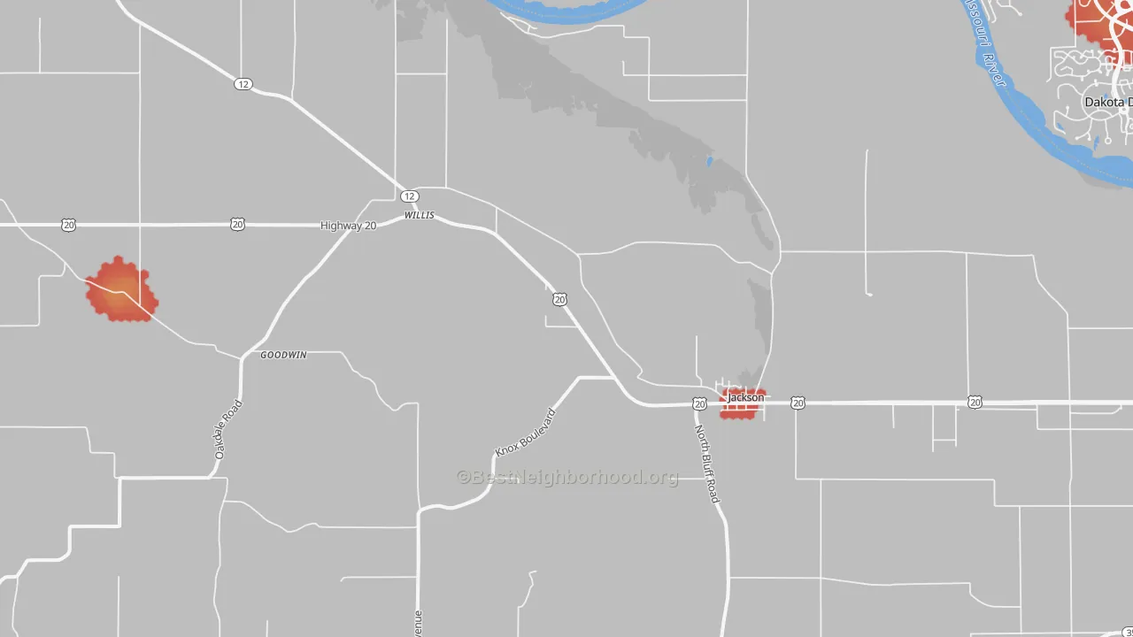Walk Grade map of 68743, NE, walkable areas in green and car-dependent areas in red