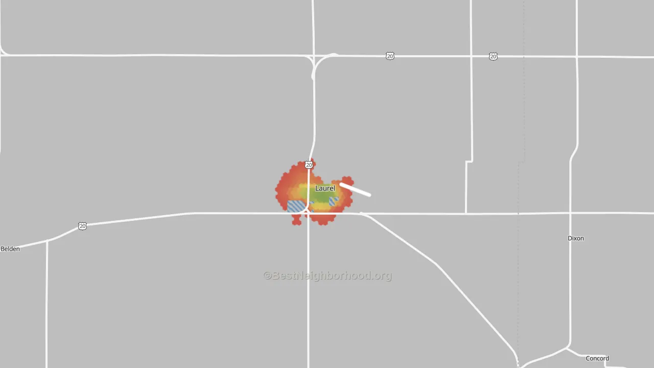 Walk Grade map of 68745, NE, walkable areas in green and car-dependent areas in red