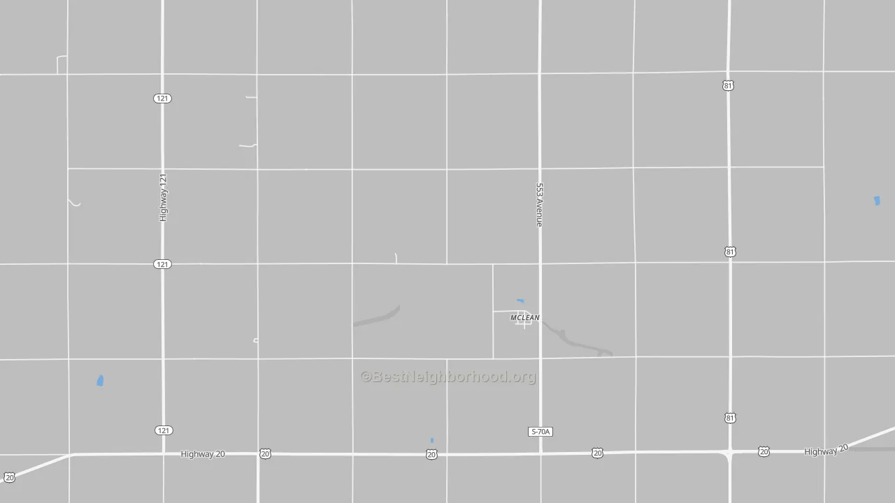 Walk Grade map of 68747, NE, walkable areas in green and car-dependent areas in red