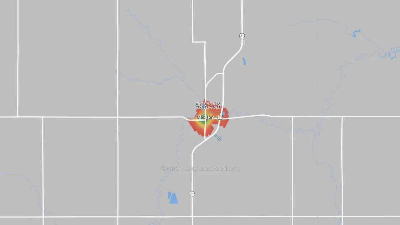 Walk Grade map of 68748, NE, walkable areas in green and car-dependent areas in red