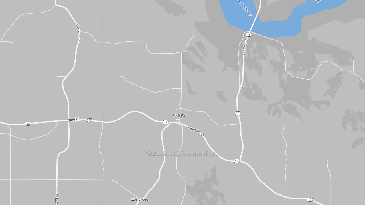 Walk Grade map of 68751, NE, walkable areas in green and car-dependent areas in red