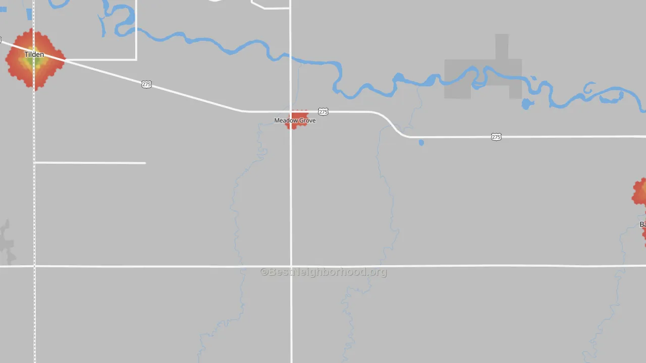 Walk Grade map of 68752, NE, walkable areas in green and car-dependent areas in red