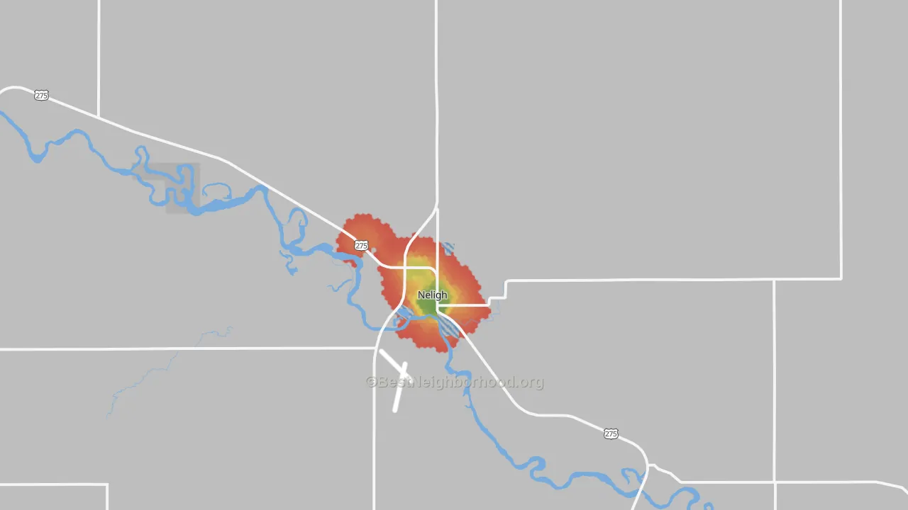 Walk Grade map of 68756, NE, walkable areas in green and car-dependent areas in red