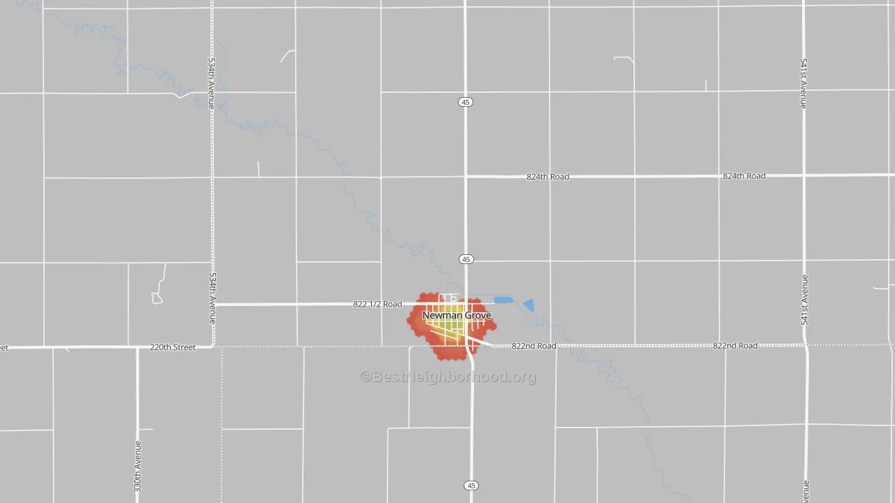 Walk Grade map of 68758, NE, walkable areas in green and car-dependent areas in red
