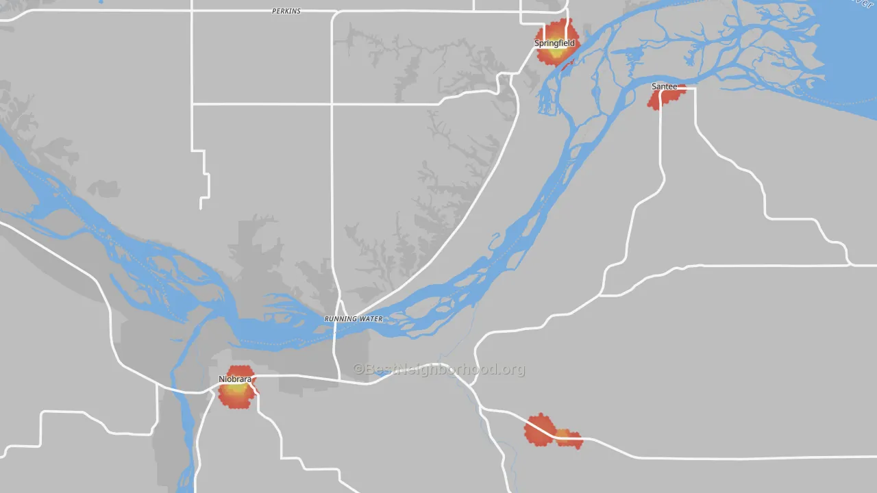 Walk Grade map of 68760, NE, walkable areas in green and car-dependent areas in red