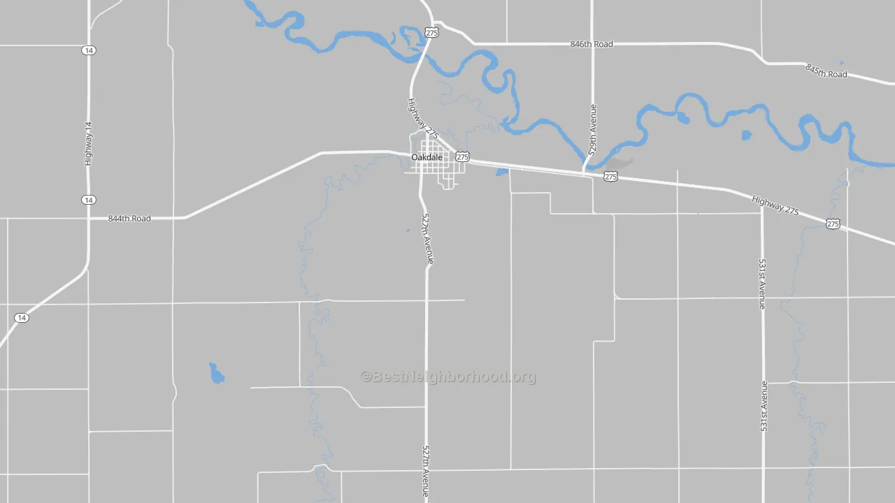 Walk Grade map of 68761, NE, walkable areas in green and car-dependent areas in red