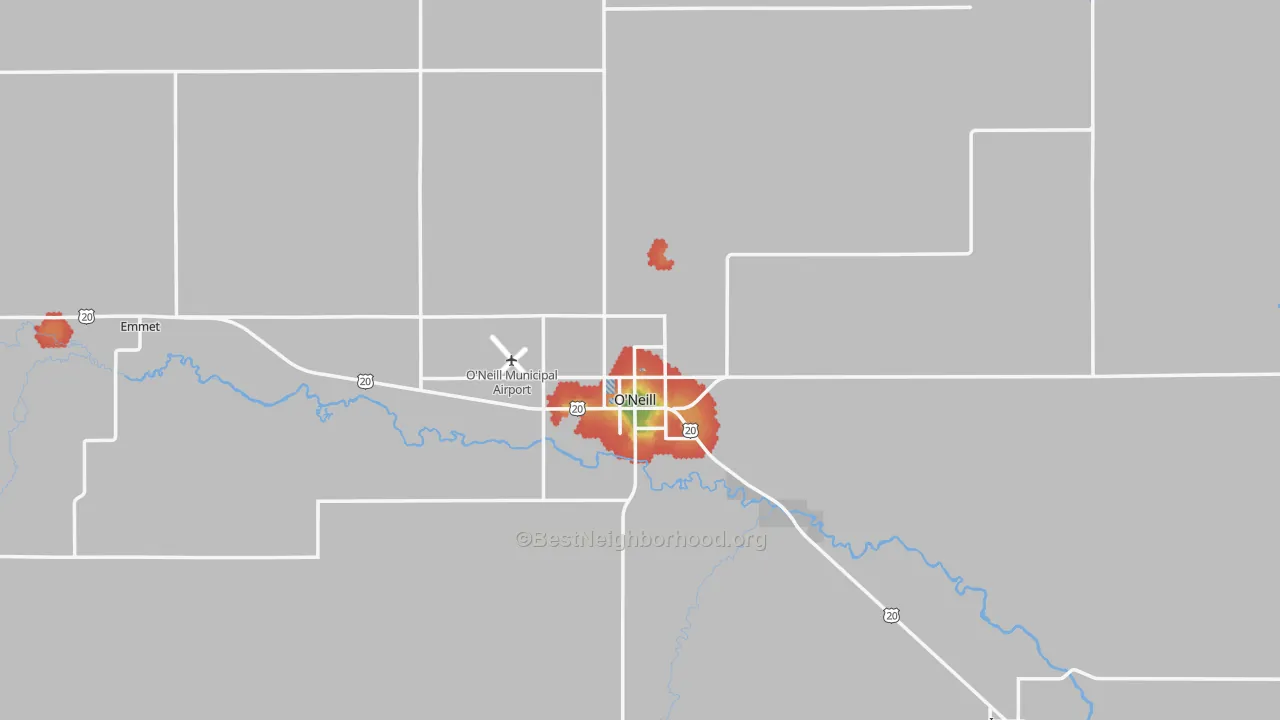 Walk Grade map of 68763, NE, walkable areas in green and car-dependent areas in red