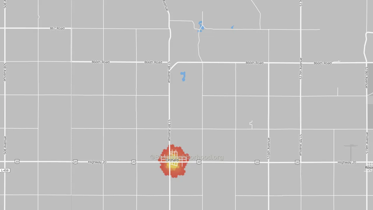 Walk Grade map of 68764, NE, walkable areas in green and car-dependent areas in red