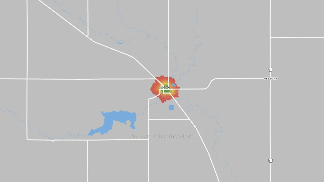Walk Grade map of 68767, NE, walkable areas in green and car-dependent areas in red