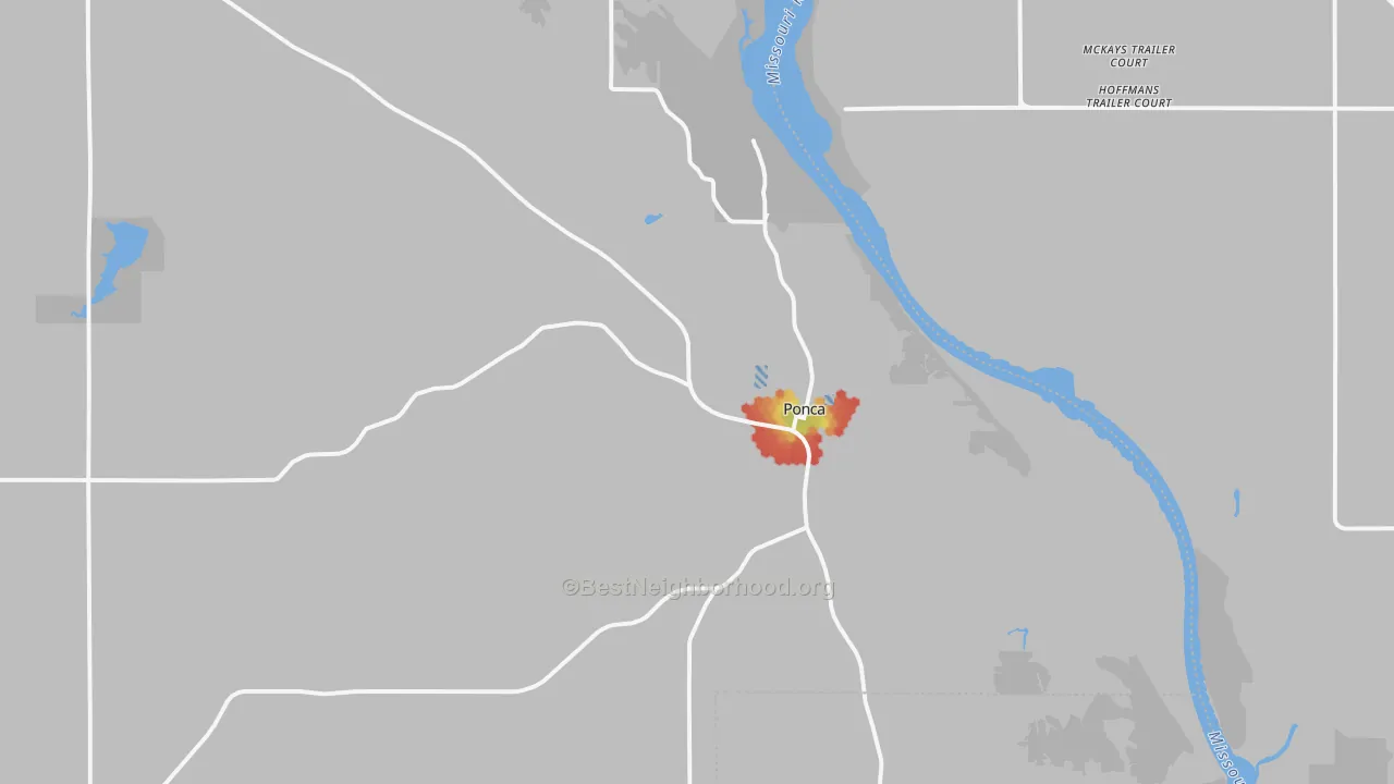 Walk Grade map of 68770, NE, walkable areas in green and car-dependent areas in red