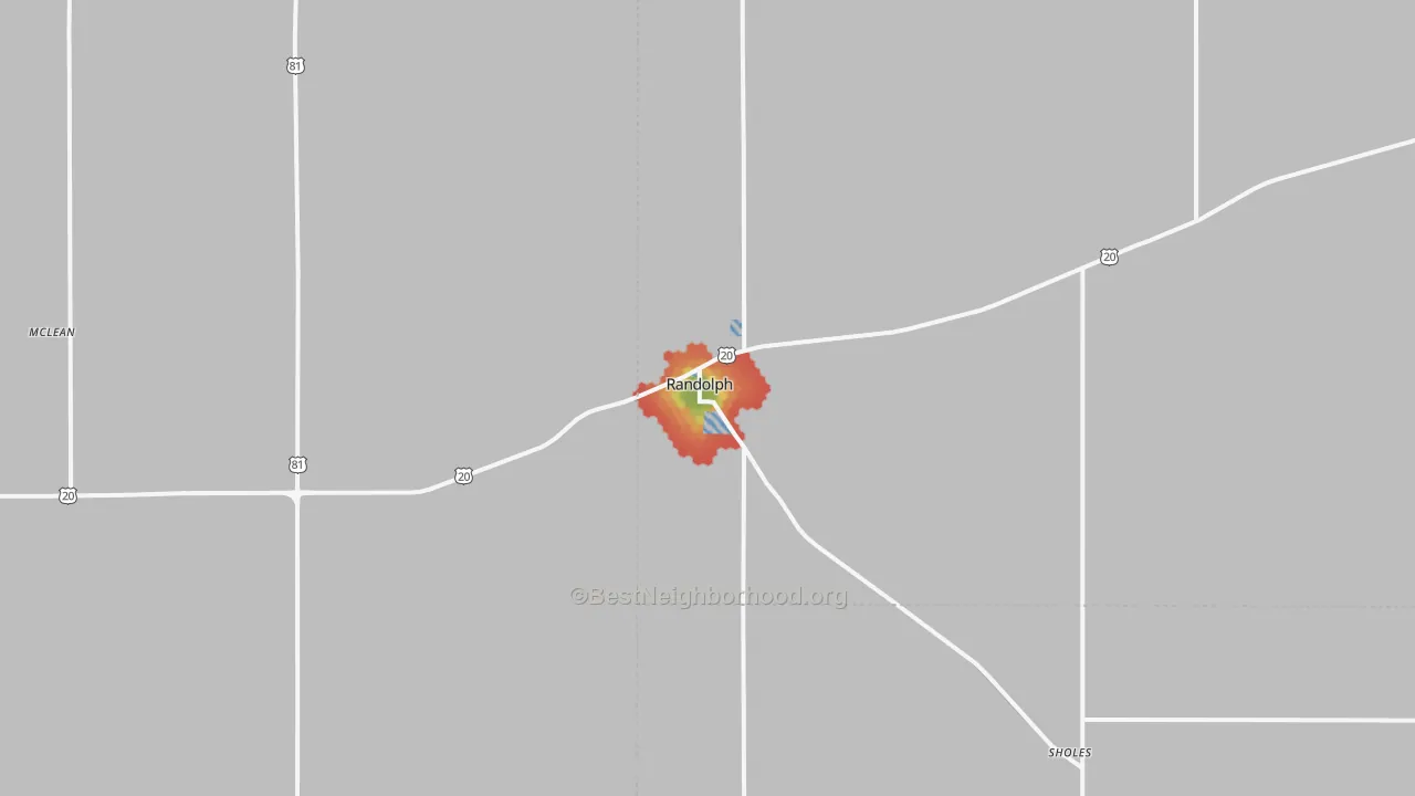 Walk Grade map of 68771, NE, walkable areas in green and car-dependent areas in red