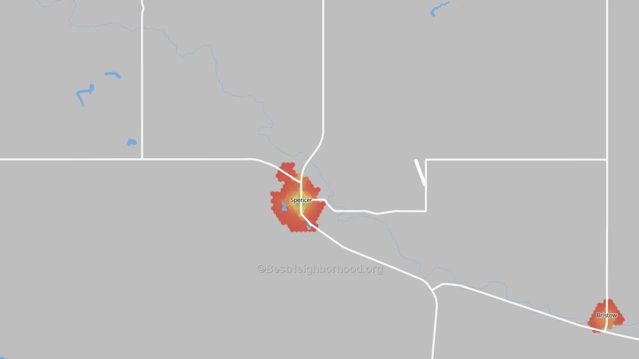Walk Grade map of 68777, NE, walkable areas in green and car-dependent areas in red