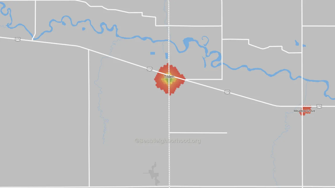 Walk Grade map of 68781, NE, walkable areas in green and car-dependent areas in red