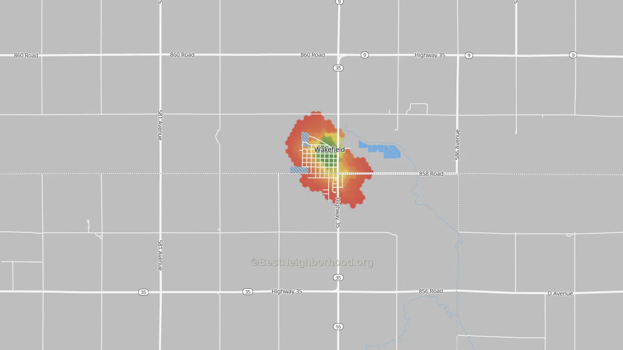 Walk Grade map of 68784, NE, walkable areas in green and car-dependent areas in red