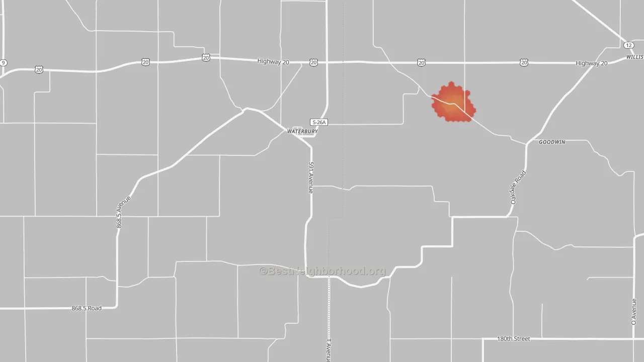 Walk Grade map of 68785, NE, walkable areas in green and car-dependent areas in red