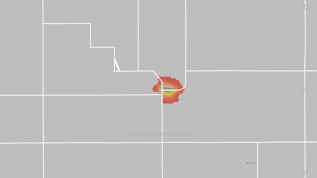 Walk Grade map of 68786, NE, walkable areas in green and car-dependent areas in red