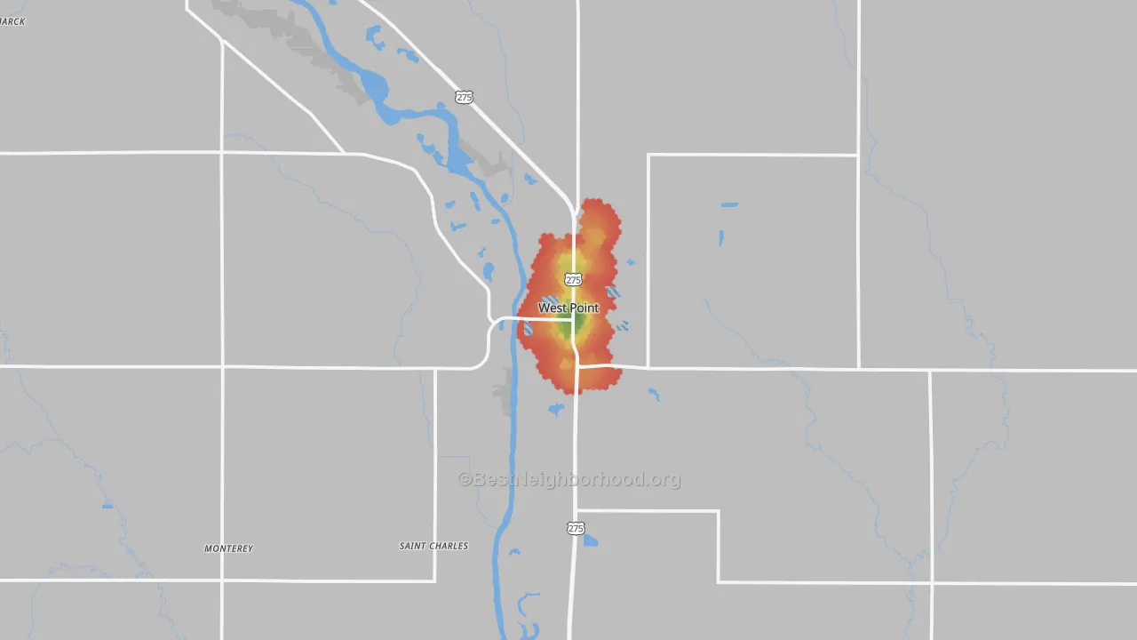 Walk Grade map of 68788, NE, walkable areas in green and car-dependent areas in red