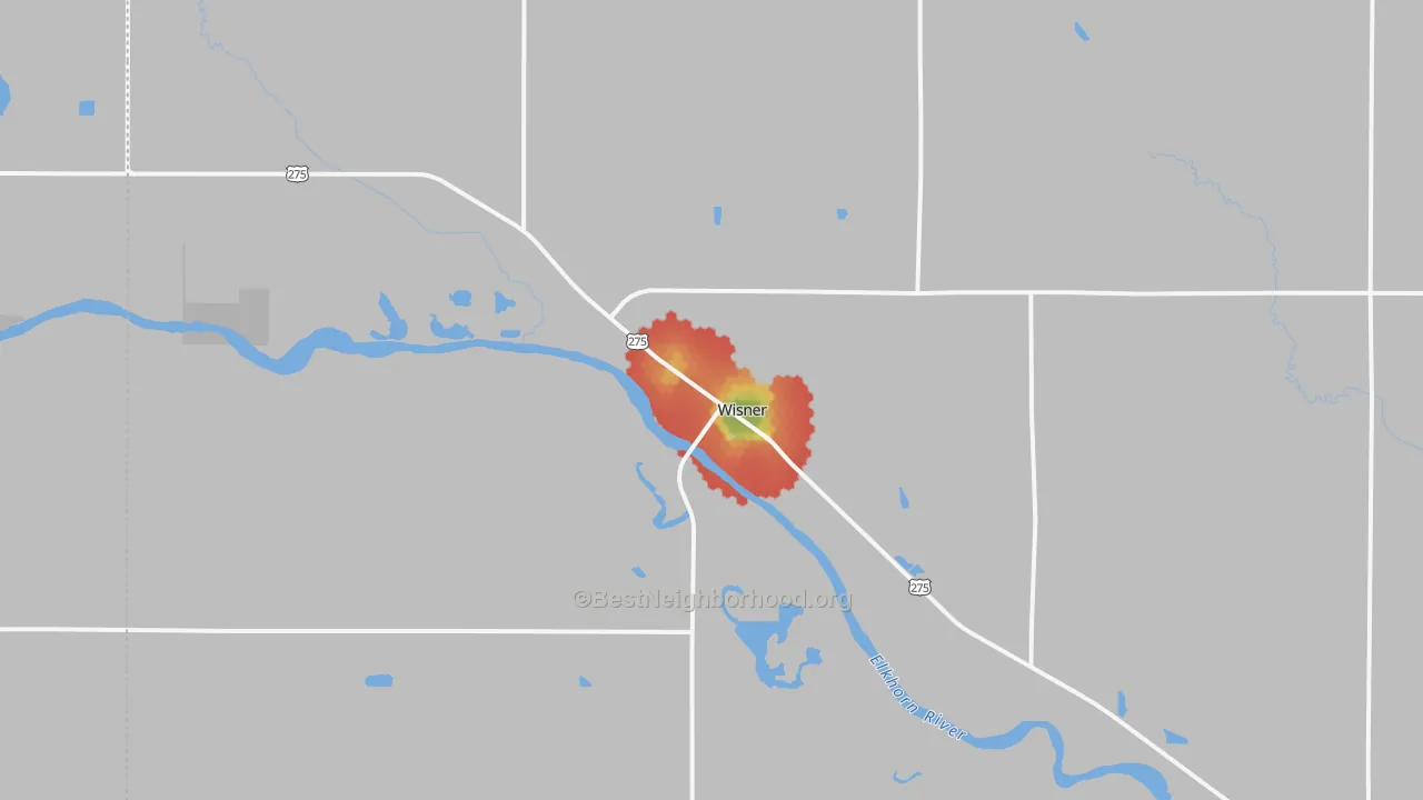 Walk Grade map of 68791, NE, walkable areas in green and car-dependent areas in red