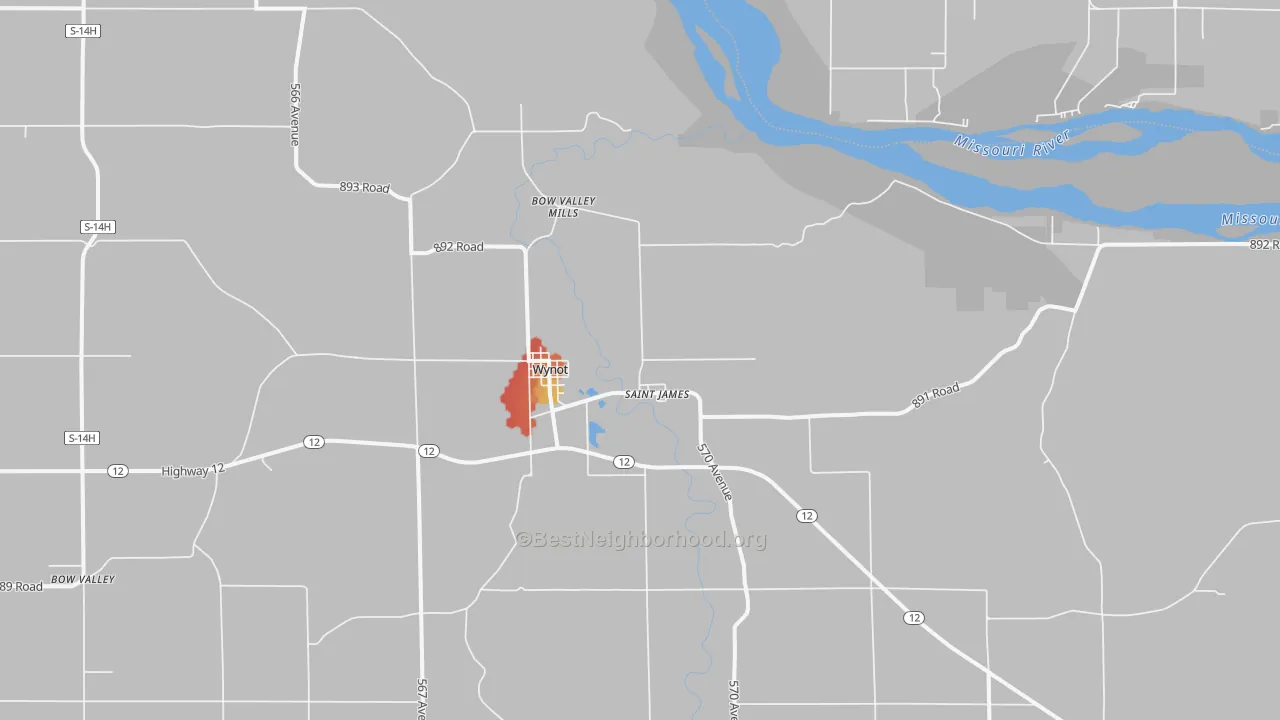 Walk Grade map of 68792, NE, walkable areas in green and car-dependent areas in red