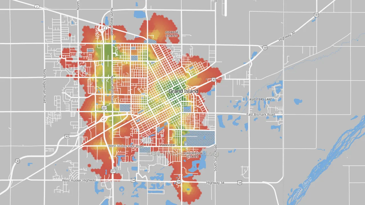 Walk Grade map of 68801, NE, walkable areas in green and car-dependent areas in red