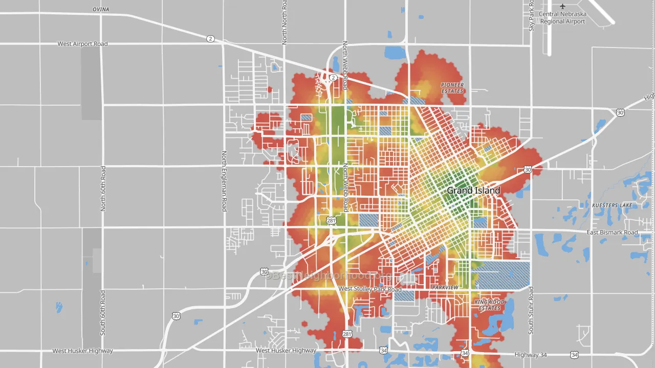 Walk Grade map of 68803, NE, walkable areas in green and car-dependent areas in red