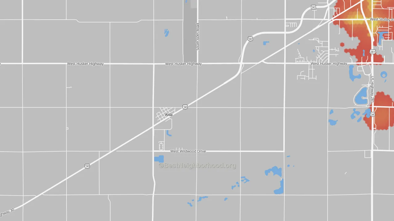 Walk Grade map of 68810, NE, walkable areas in green and car-dependent areas in red