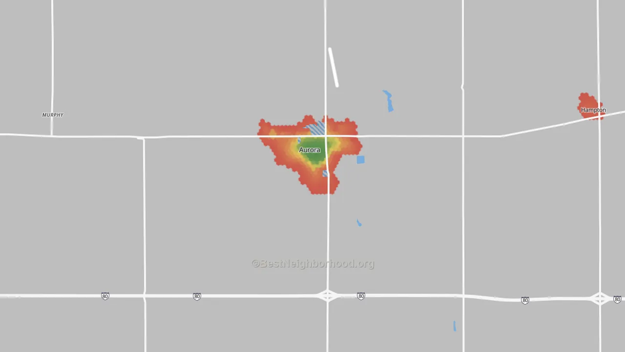 Walk Grade map of 68818, NE, walkable areas in green and car-dependent areas in red