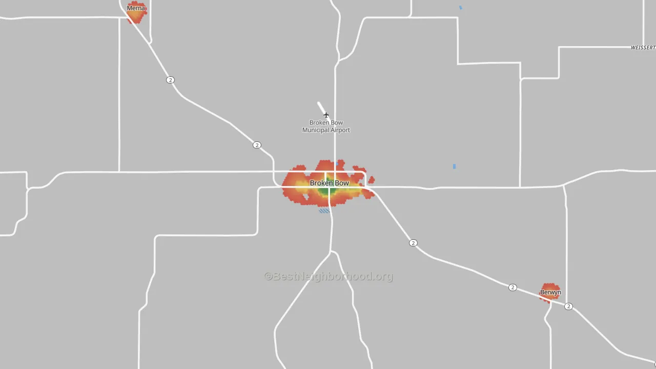 Walk Grade map of 68822, NE, walkable areas in green and car-dependent areas in red