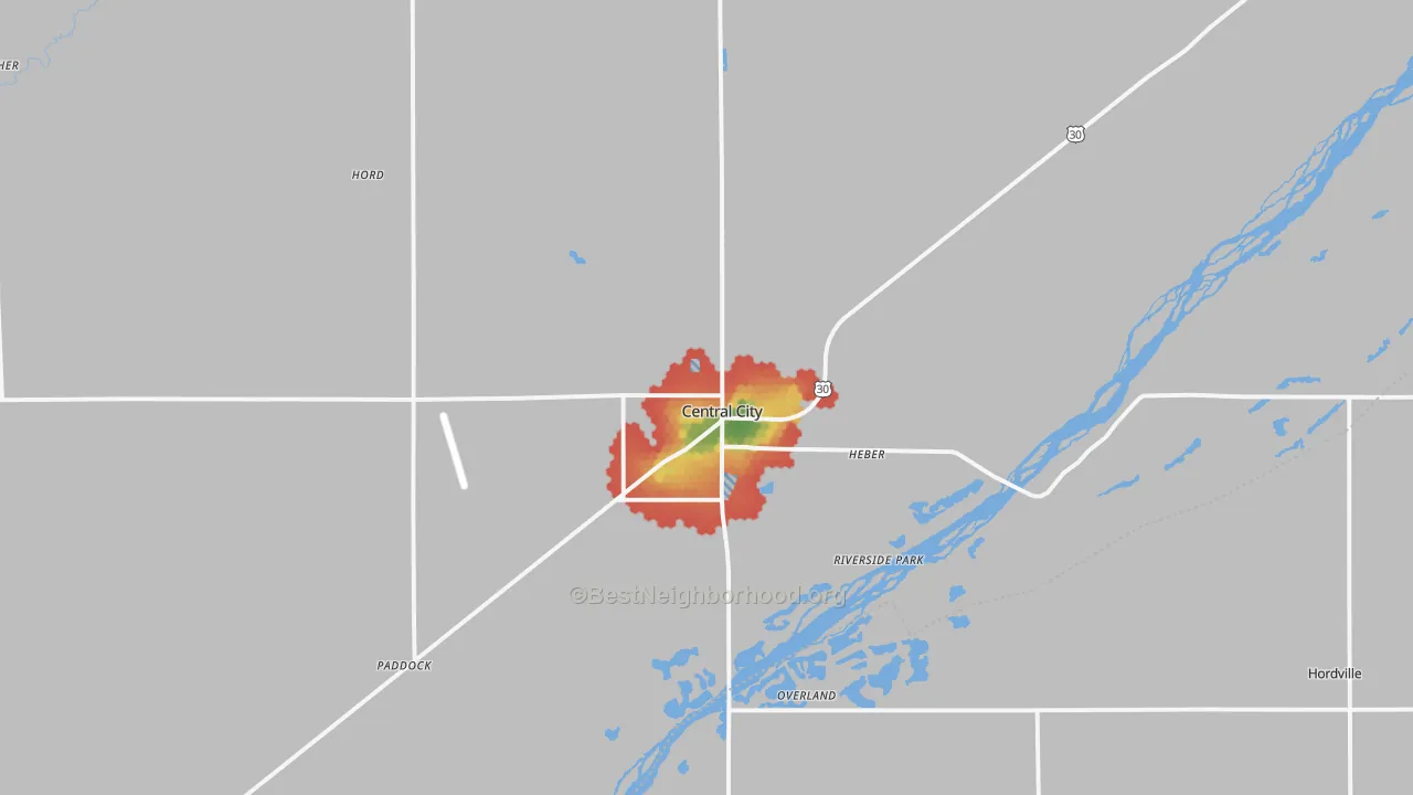 Walk Grade map of 68826, NE, walkable areas in green and car-dependent areas in red