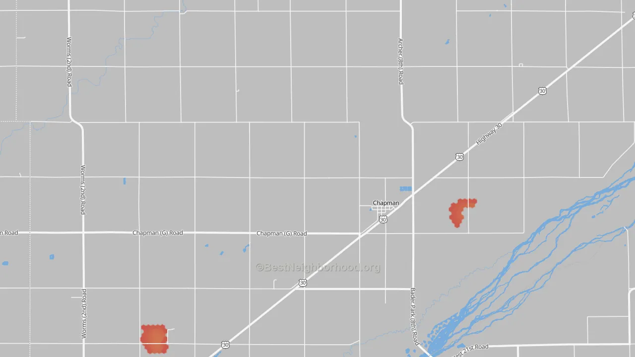 Walk Grade map of 68827, NE, walkable areas in green and car-dependent areas in red